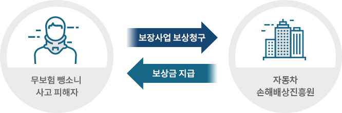 무보험 뺑소니 사고 피해자는 10개 보장사업 위탁사(보험회사)에 보장사업 보상청구. 10개 보장사업 위탁사(보험회사)는 무보험 뺑소니 사고 피해자에 보상금 지급.