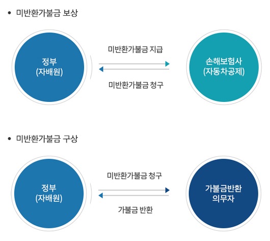 미반환가불금 개요 -미반환가불금 보상 정부(자배원)↔비반환가불금지급/미반환가불금 청구↔손해보험사(자동차공제)
							      미반환가불금 구상 정부(자배원)↔미반환가불금 청구/가불금 반환↔가불금반환의무자